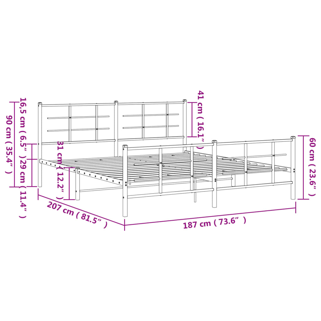 Metal Bed Frame without Mattress with Footboard Black 180x200cm