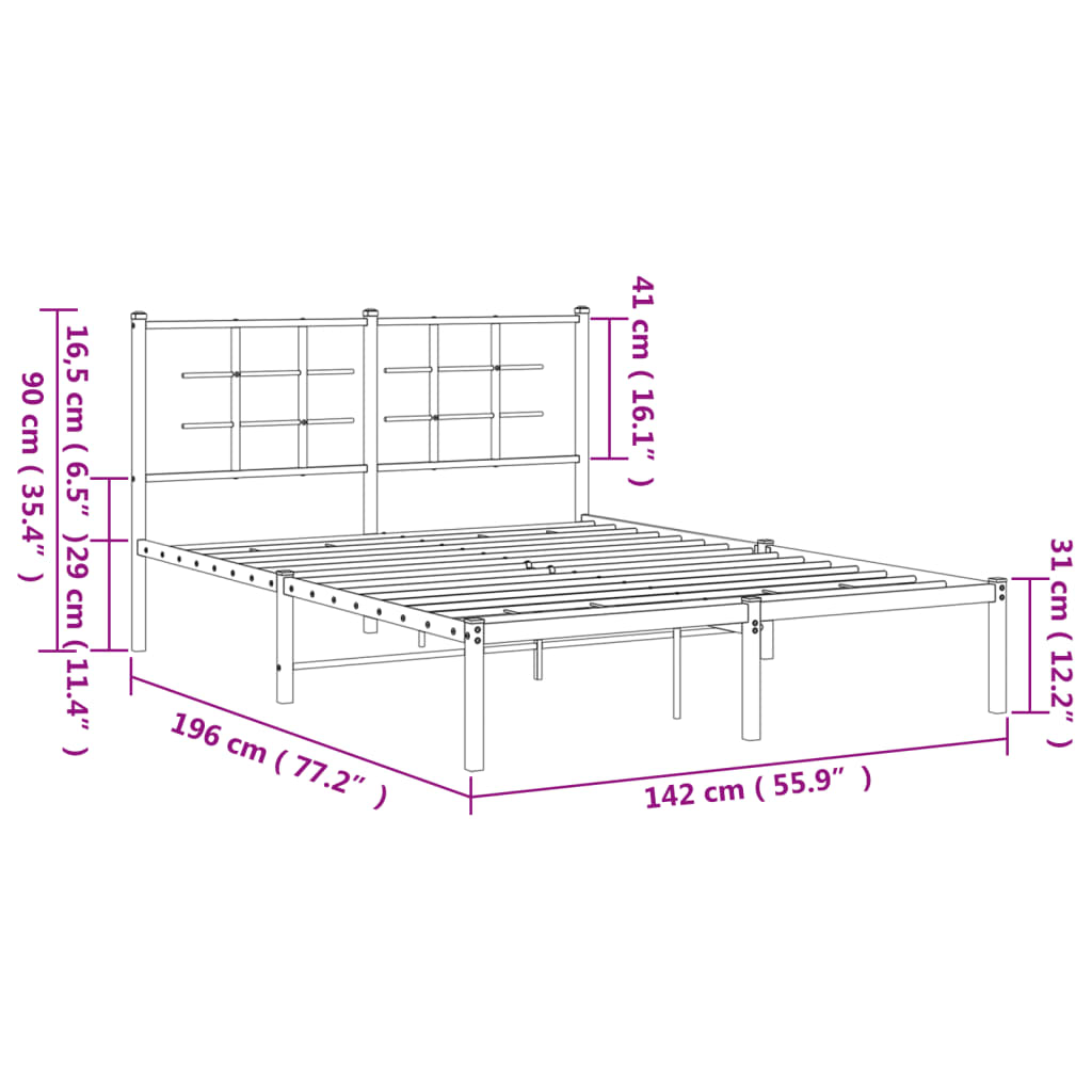 Metal Bed Frame without Mattress with Headboard White 135x190cm