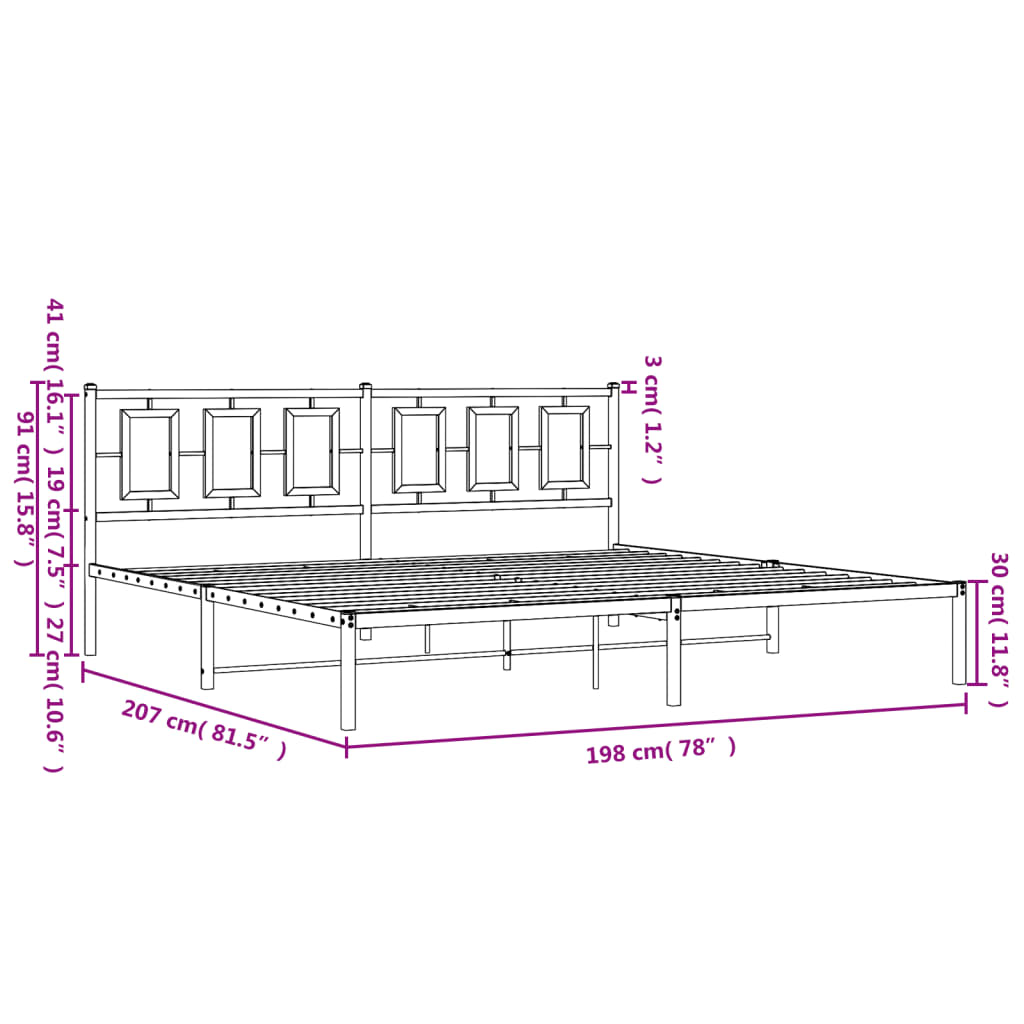 Metal Bed Frame without Mattress with Headboard Black 193x203cm