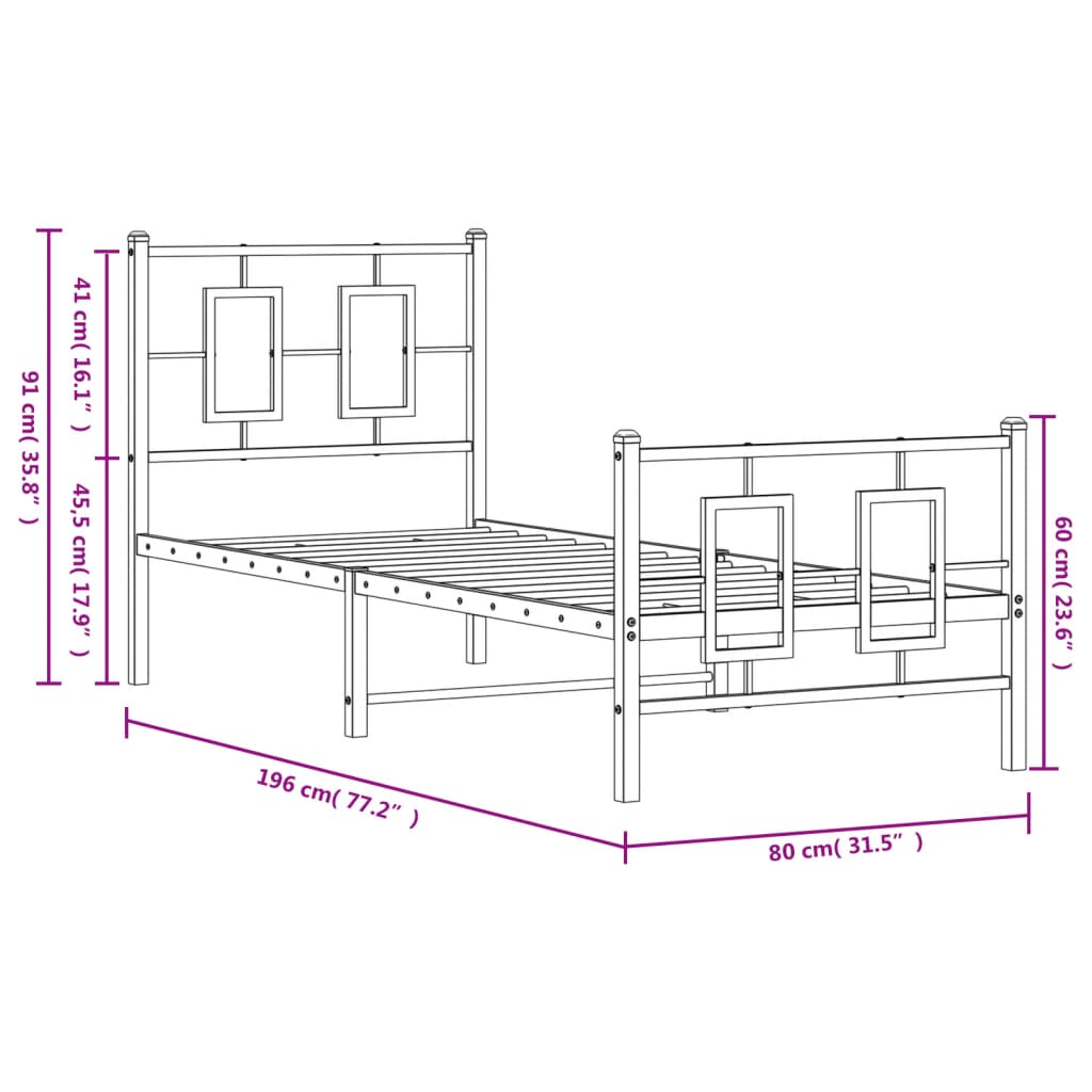 Metal Bed Frame without Mattress with Footboard Black 75x190cm