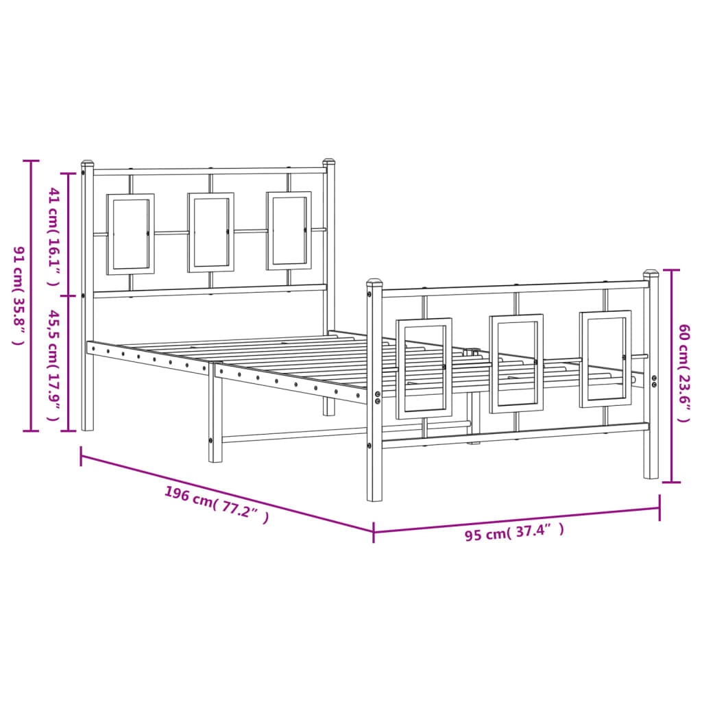 Metal Bed Frame without Mattress with Footboard Black 90x190cm