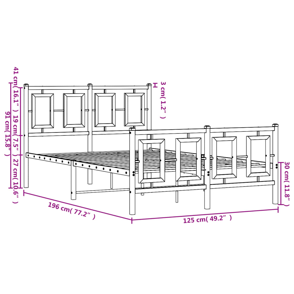 Metal Bed Frame without Mattress with Footboard Black 120x190cm