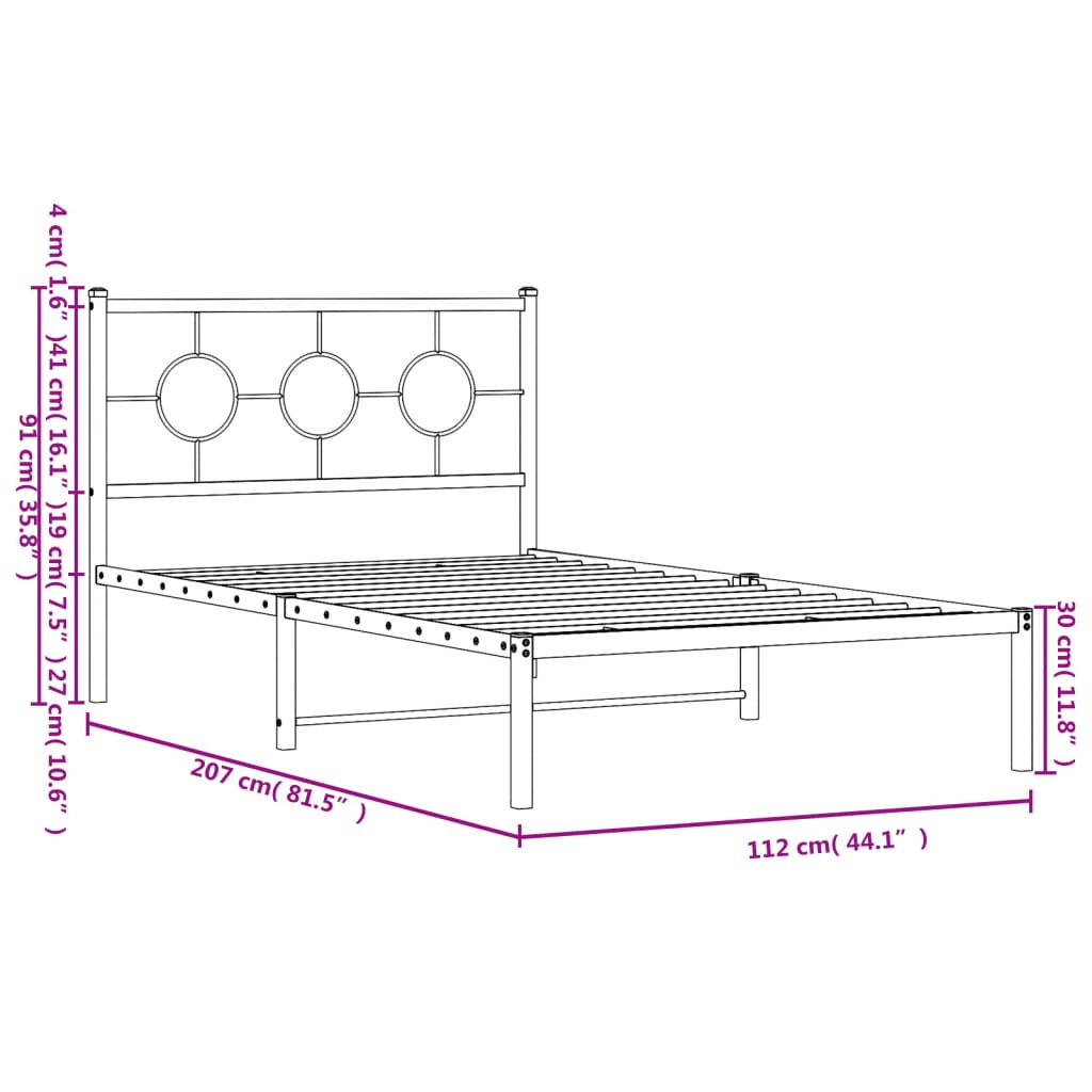 Metal Bed Frame without Mattress with Headboard Black 107x203cm