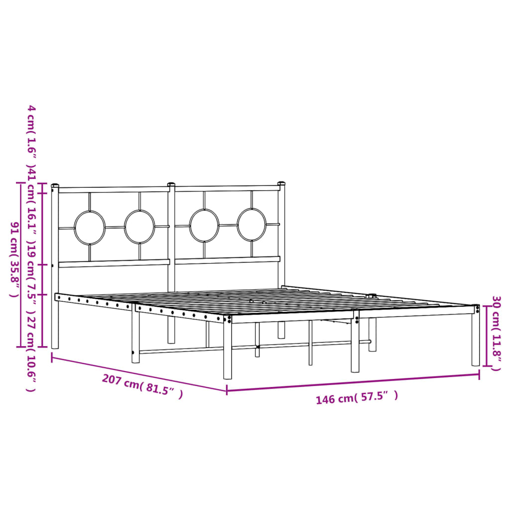 Metal Bed Frame without Mattress with Headboard Black 140x200cm