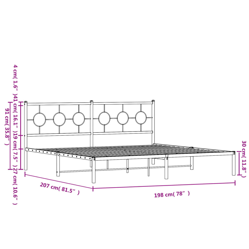 Metal Bed Frame without Mattress with Headboard Black 193x203cm