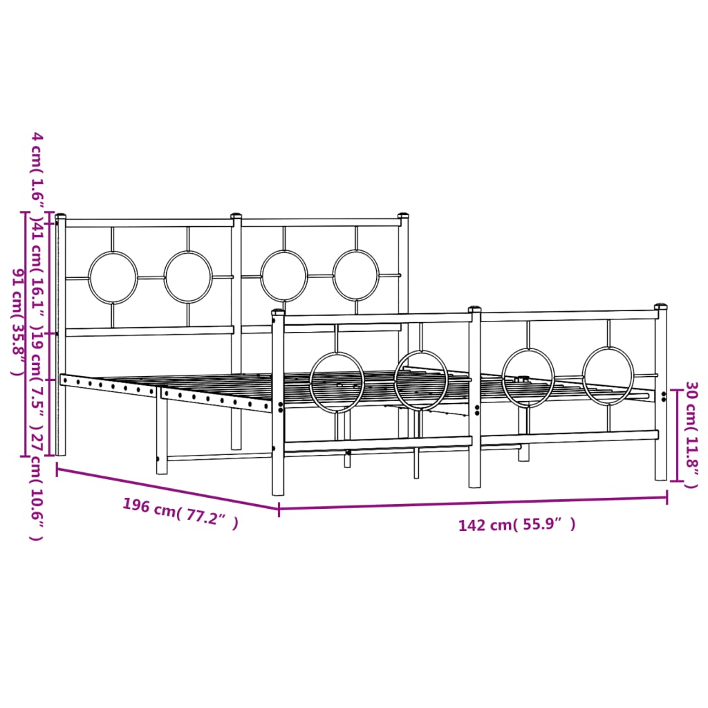 Metal Bed Frame without Mattress with Footboard Black 135x190cm