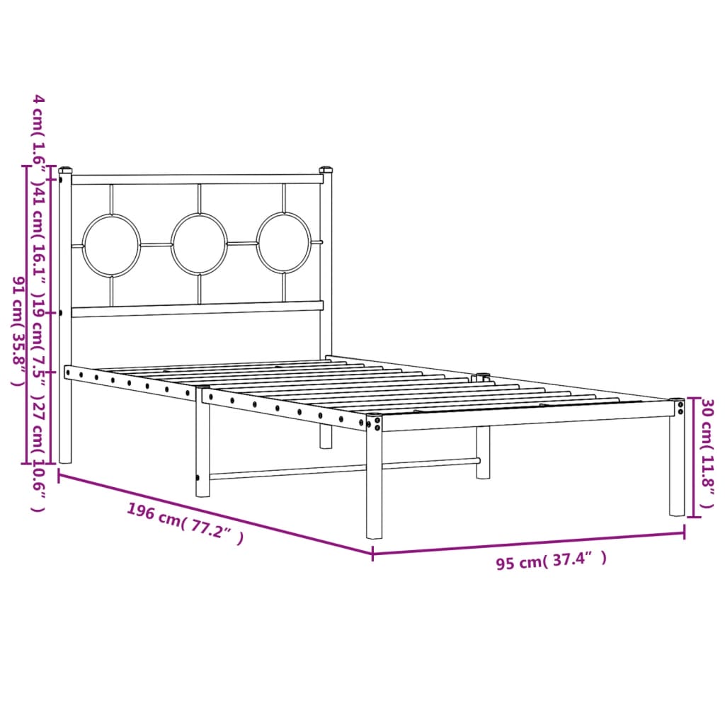 Metal Bed Frame without Mattress with Headboard White 90x190cm