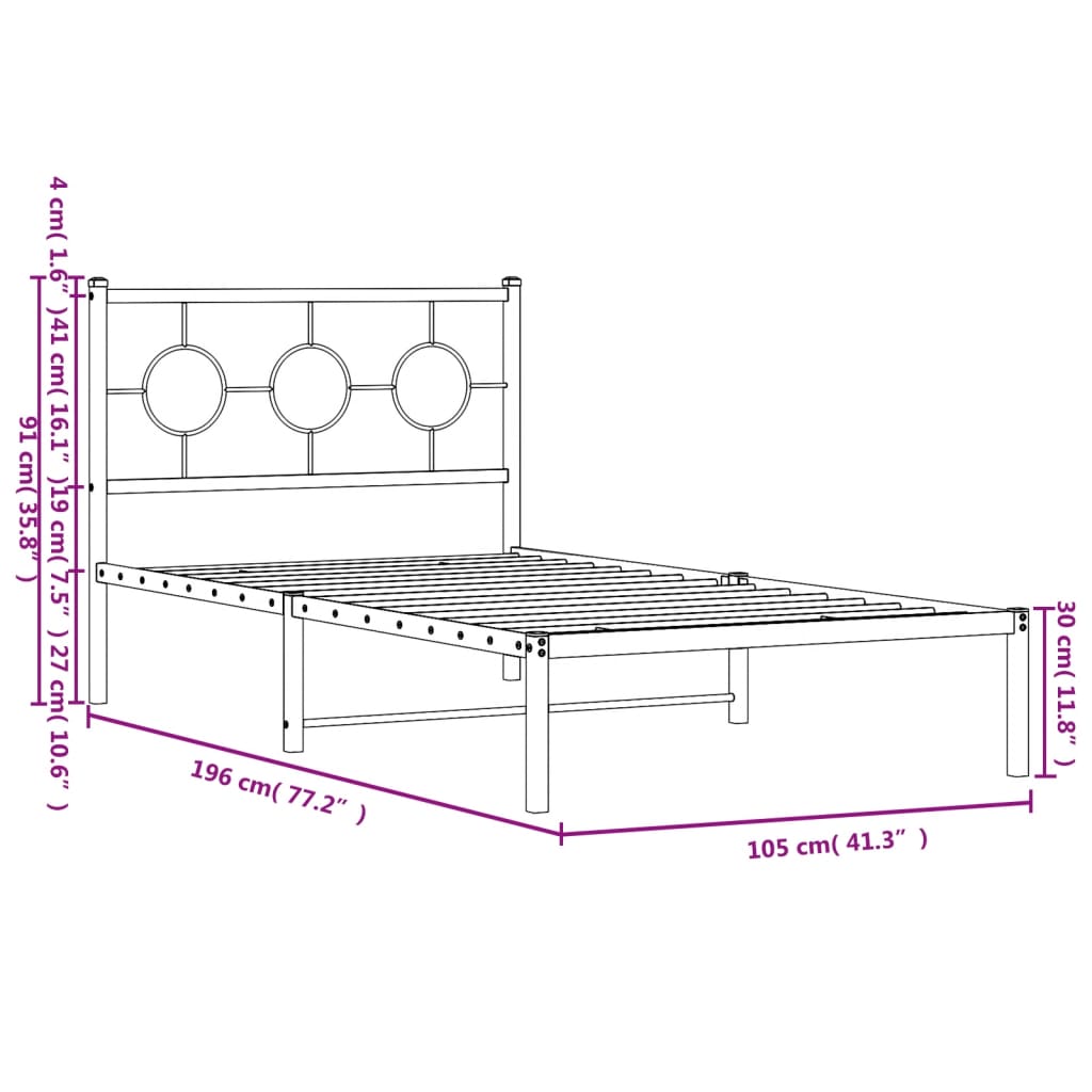 Metal Bed Frame without Mattress with Headboard White 100x190cm