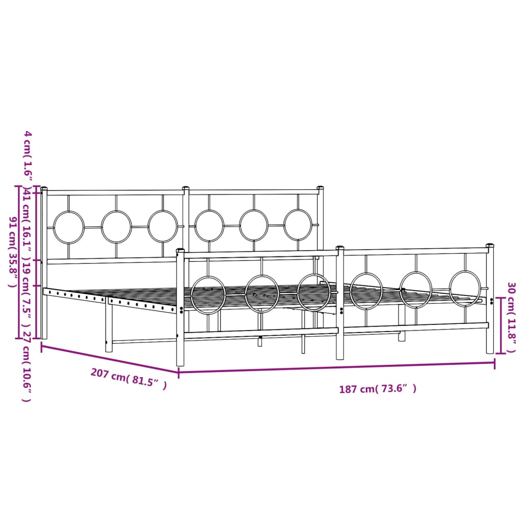 Metal Bed Frame without Mattress with Footboard White 180x200cm