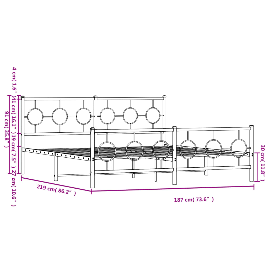 Metal Bed Frame without Mattress with Footboard White 183x213cm
