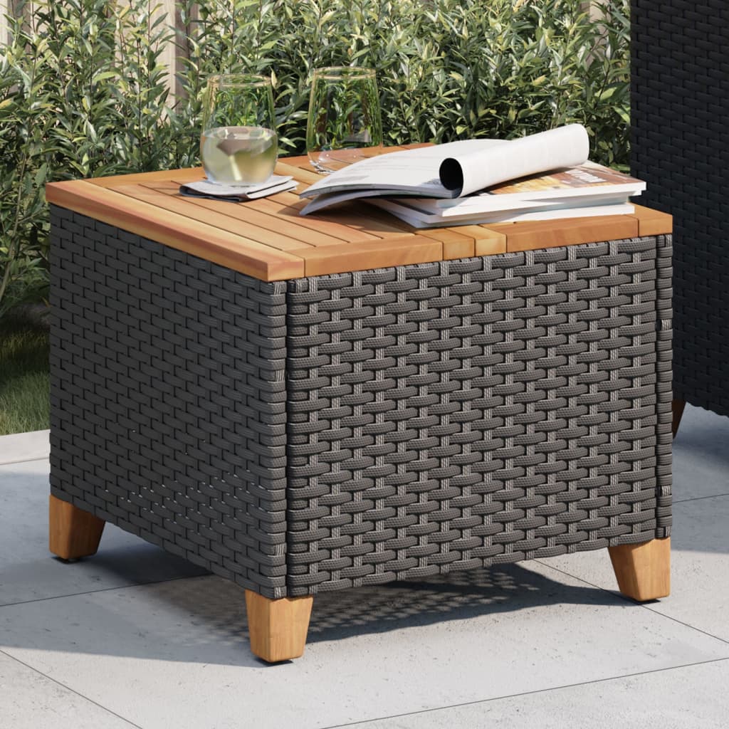 Outdoor Patio Poly Rattan Square Garden Coffee Side Sofa Table With Acacia Wood Top