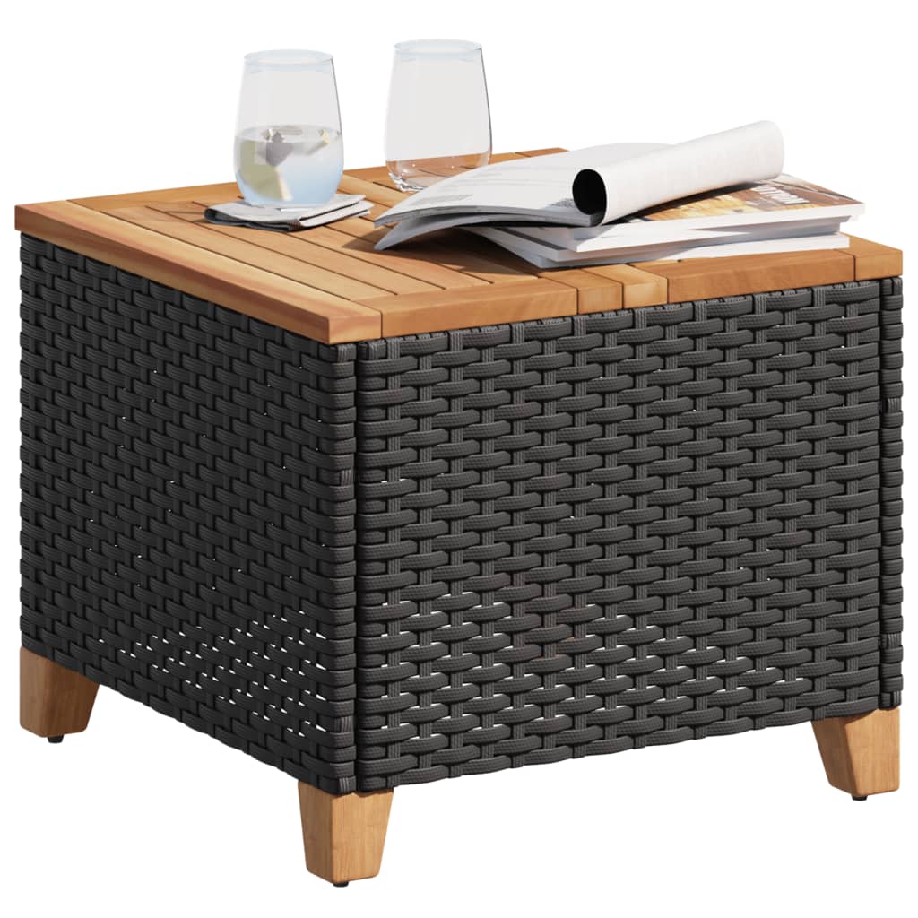 Outdoor Patio Poly Rattan Square Garden Coffee Side Sofa Table With Acacia Wood Top