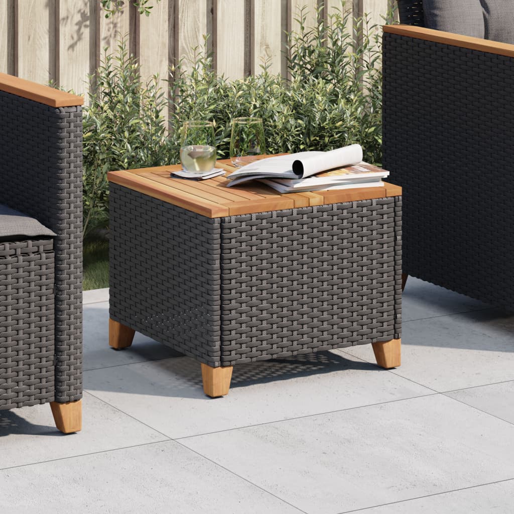 Outdoor Patio Poly Rattan Square Garden Coffee Side Sofa Table With Acacia Wood Top