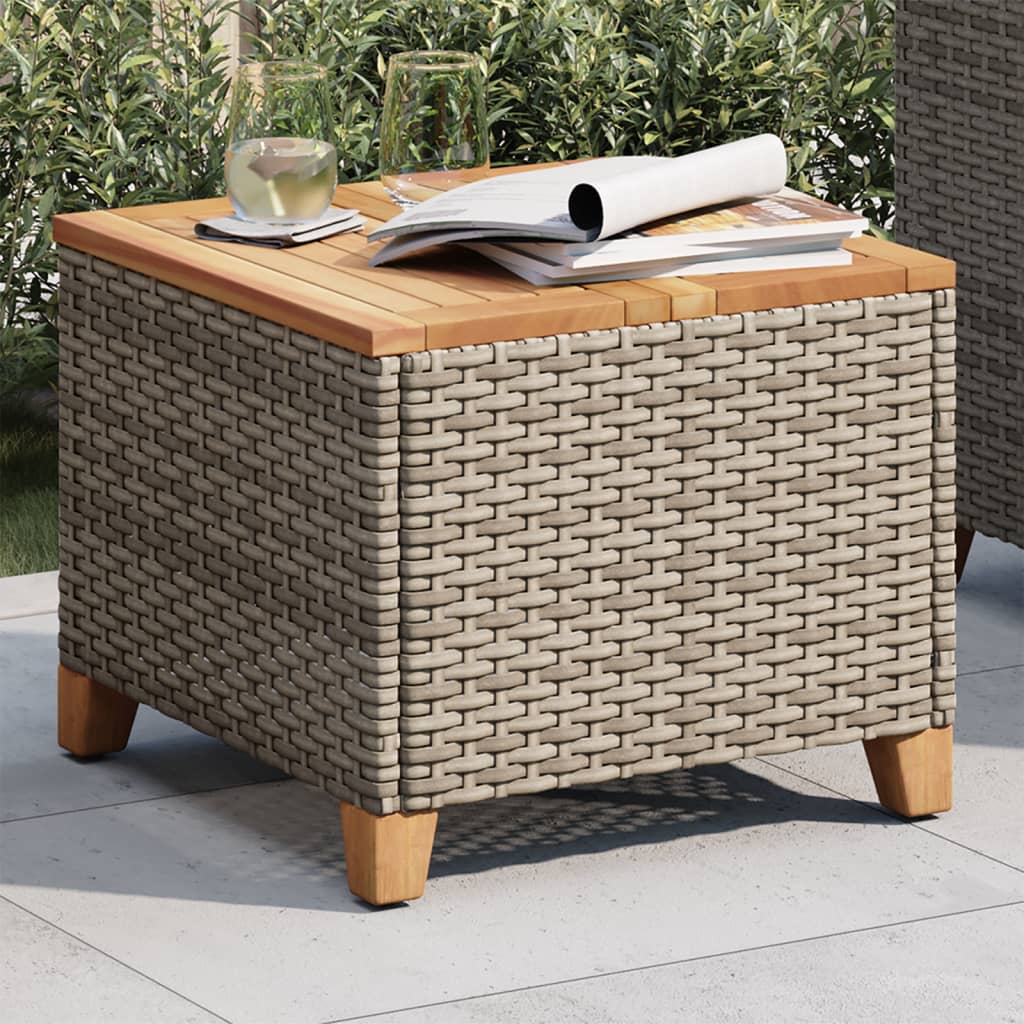 Outdoor Patio Poly Rattan Square Garden Coffee Side Sofa Table With Acacia Wood Top