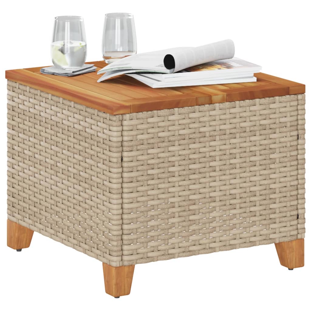 Outdoor Patio Poly Rattan Square Garden Coffee Side Sofa Table With Acacia Wood Top