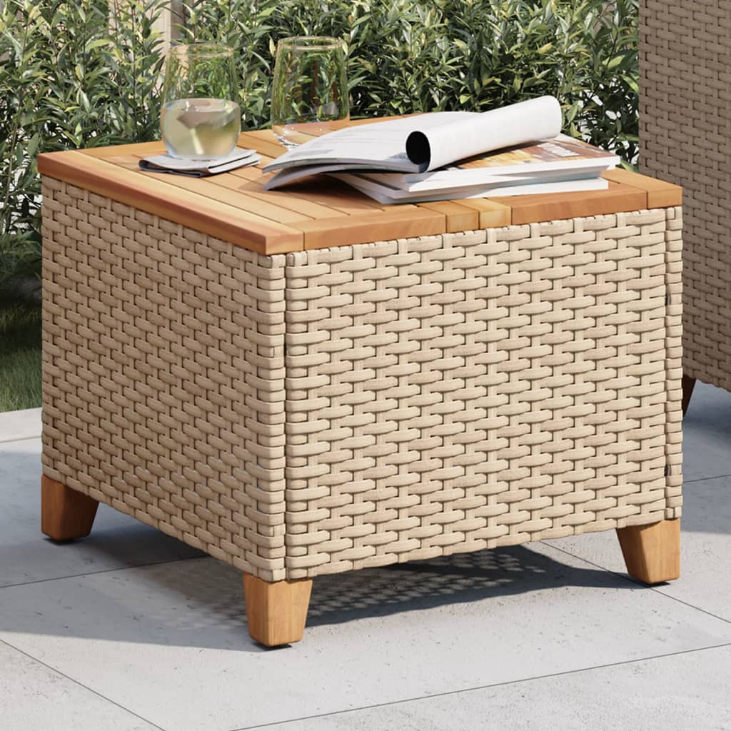 Outdoor Patio Poly Rattan Square Garden Coffee Side Sofa Table With Acacia Wood Top