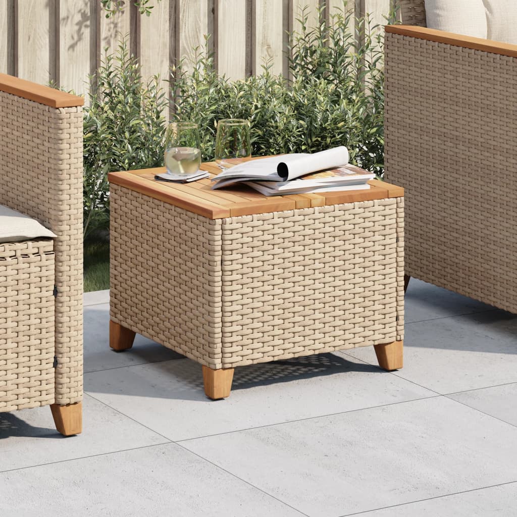 Outdoor Patio Poly Rattan Square Garden Coffee Side Sofa Table With Acacia Wood Top