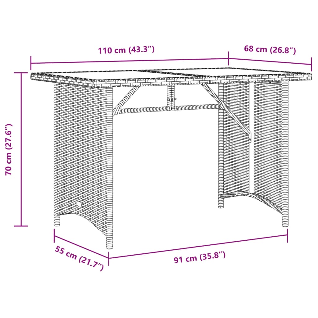 Outdoor Patio Poly Rattan Rectangular Garden Dining Table With Glass Top Tables