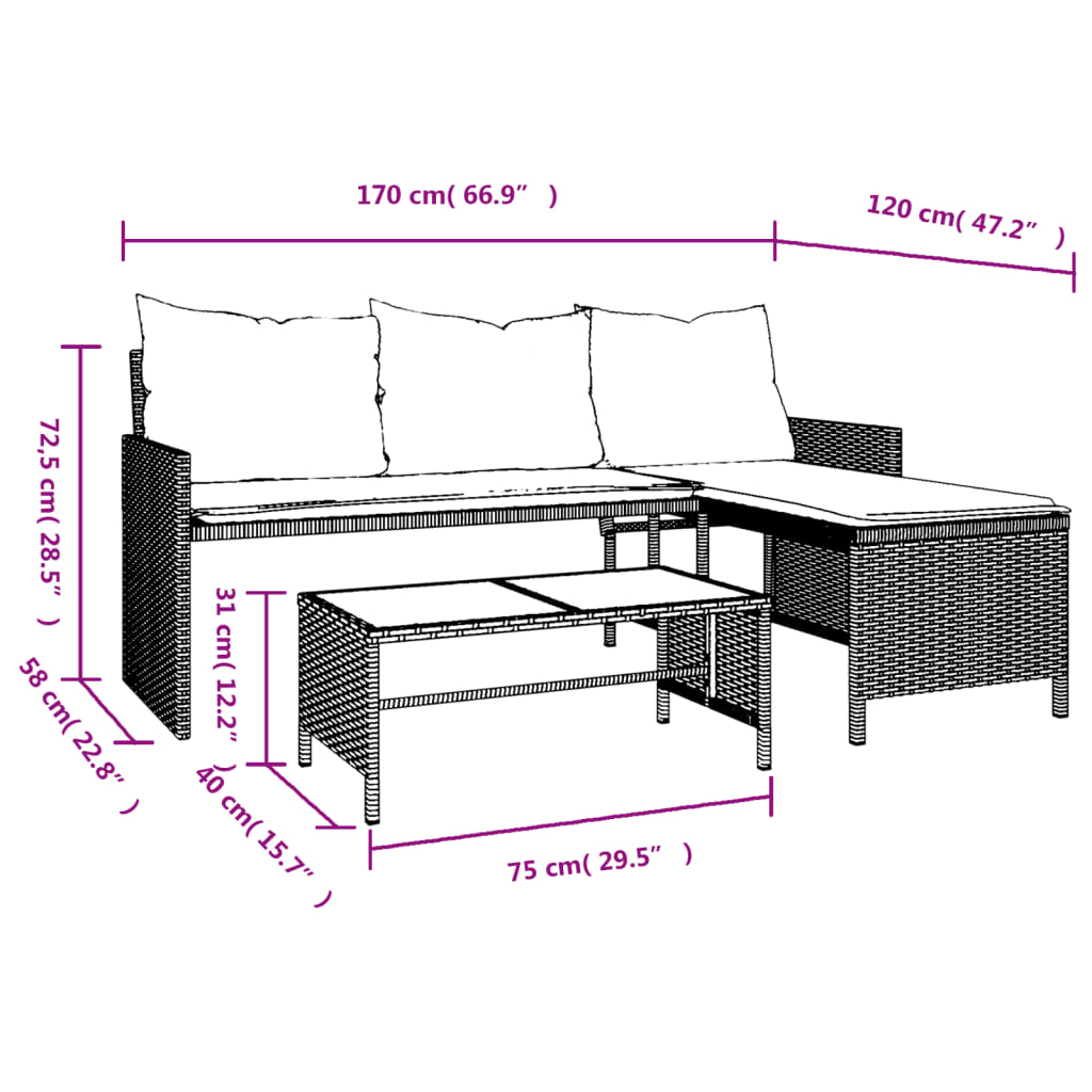 Outdoor Patio Poly Rattan Garden L-Shaped Corner Sofa Set With Cushions Table