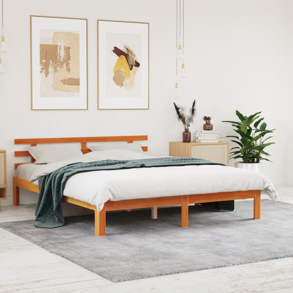 Bed Frame with Headboard Wax Brown 150x200 cm King Size Solid Wood Pine