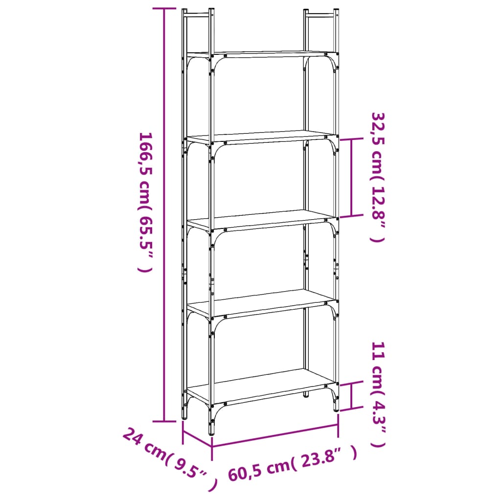 Bookshelf 5-Tier Grey Sonoma 60.5x24x166.5 cm Engineered Wood