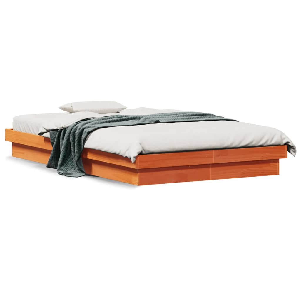 LED Bed Frame without Mattress Wax Brown 135x190 cm Double Solid Wood