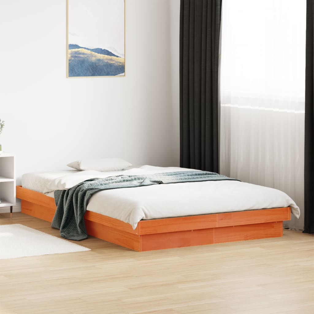 LED Bed Frame without Mattress Wax Brown 140x190 cm Solid Wood