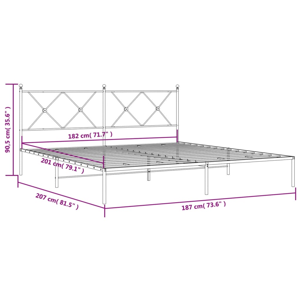 Metal Bed Frame without Mattress with Headboard Black 180x200cm