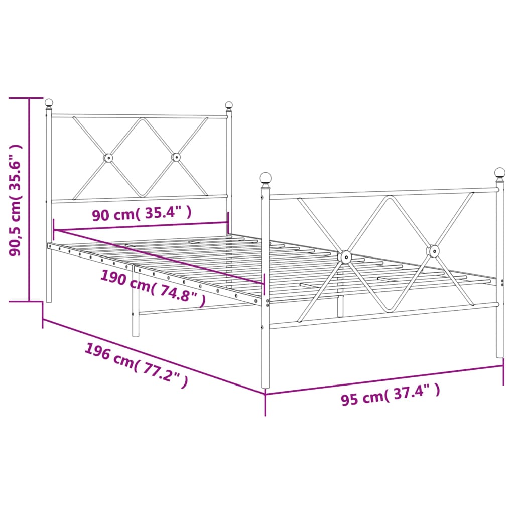Metal Bed Frame without Mattress with Footboard Black 90x190cm