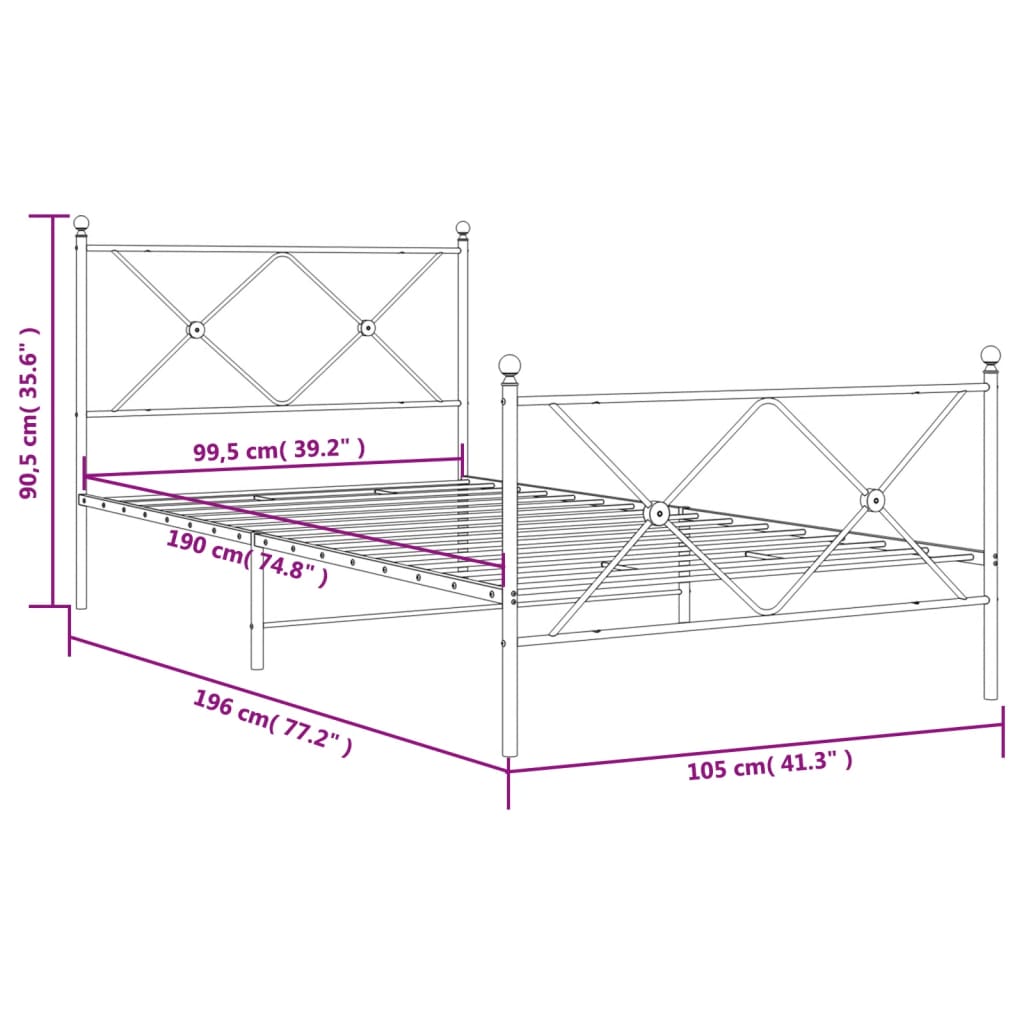Metal Bed Frame without Mattress with Footboard White 100x190cm