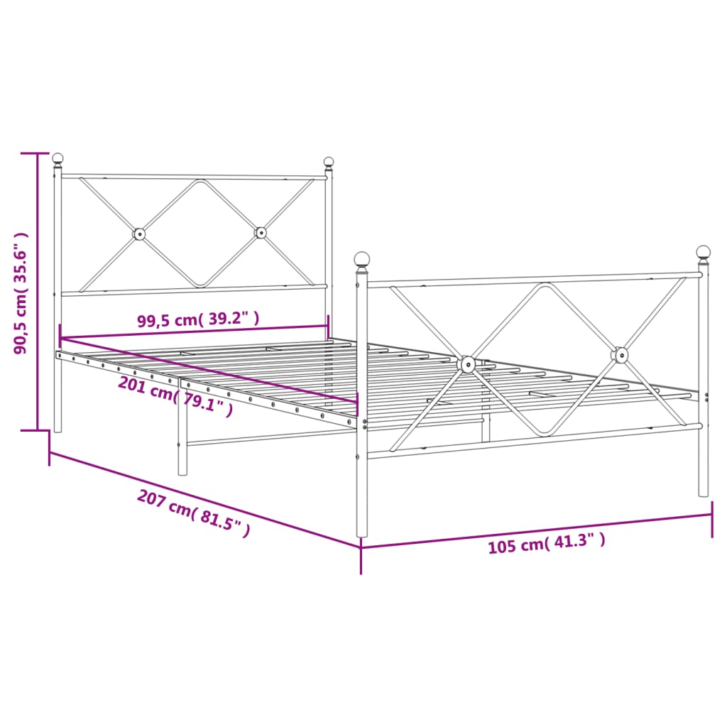 Metal Bed Frame without Mattress with Footboard White 100x200cm