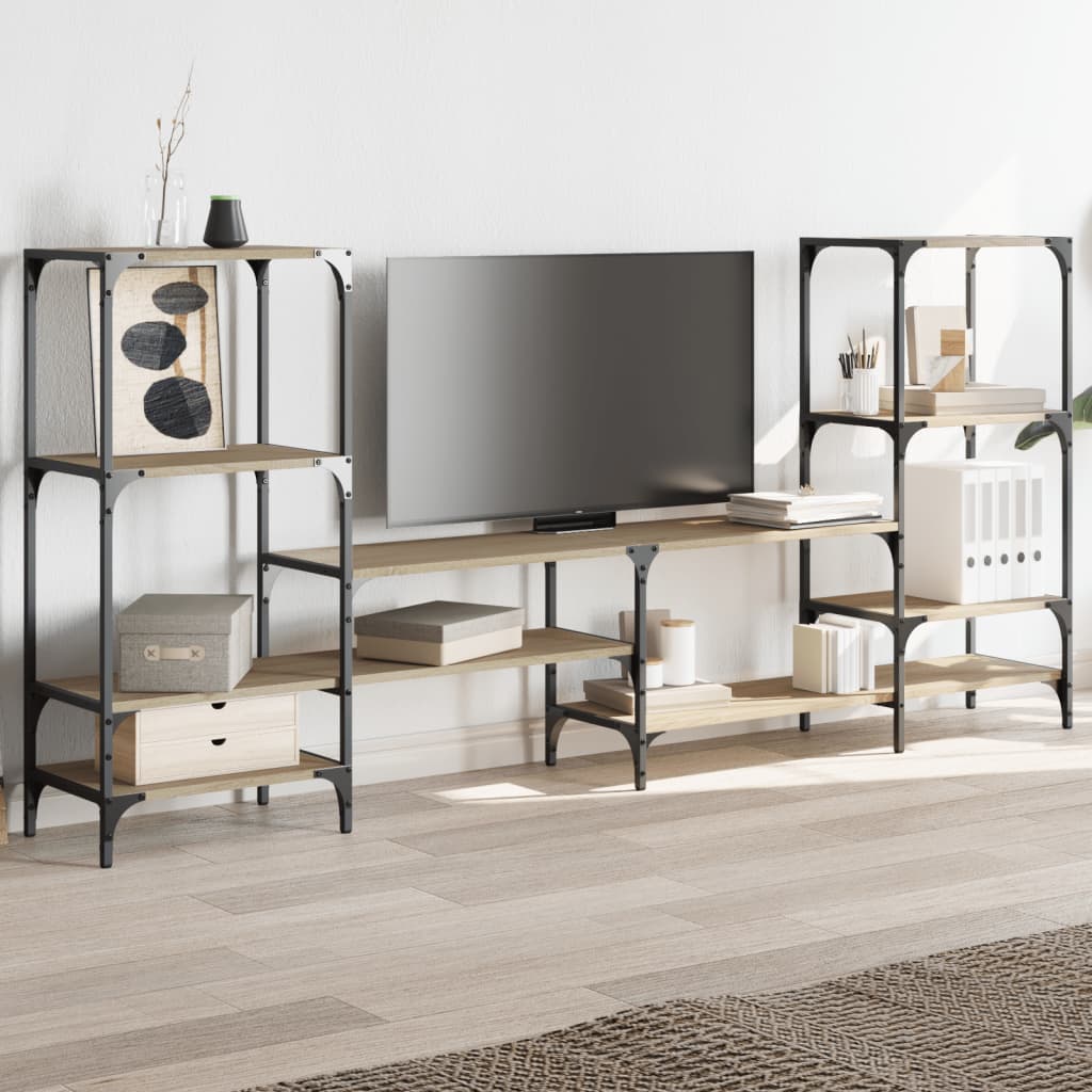 Industrial Wooden Wide TV Tele Stand Unit Cabinet With Open Storage Shelves Wood