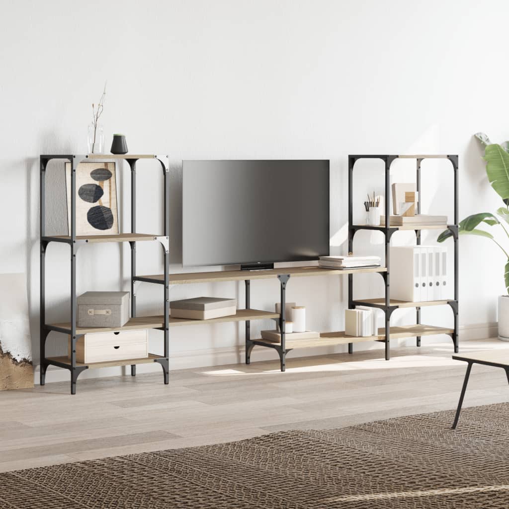 Industrial Wooden Wide TV Tele Stand Unit Cabinet With Open Storage Shelves Wood