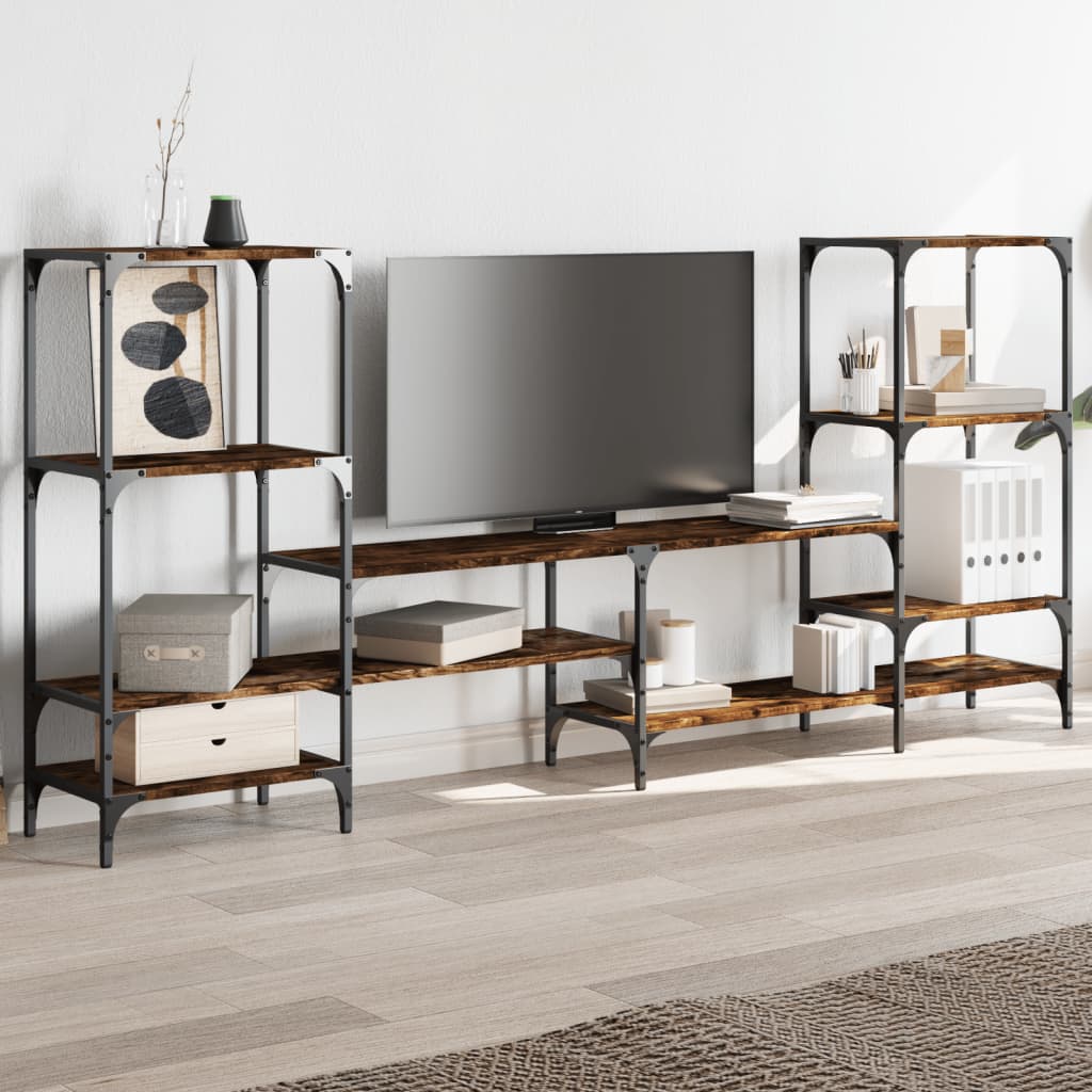 Industrial Wooden Wide TV Tele Stand Unit Cabinet With Open Storage Shelves Wood