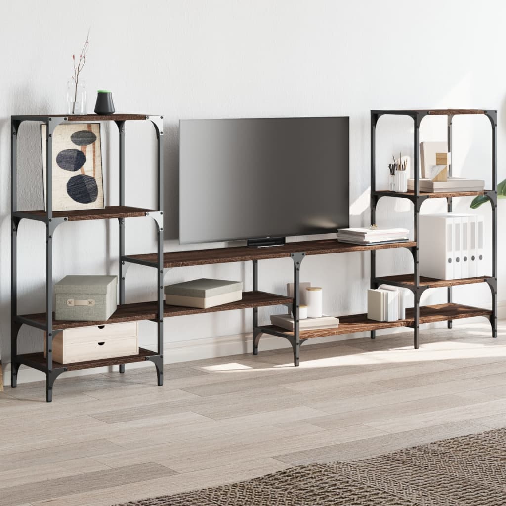 Industrial Wooden Wide TV Tele Stand Unit Cabinet With Open Storage Shelves Wood