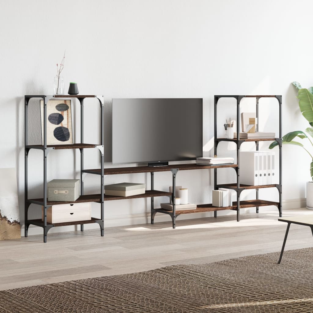 Industrial Wooden Wide TV Tele Stand Unit Cabinet With Open Storage Shelves Wood