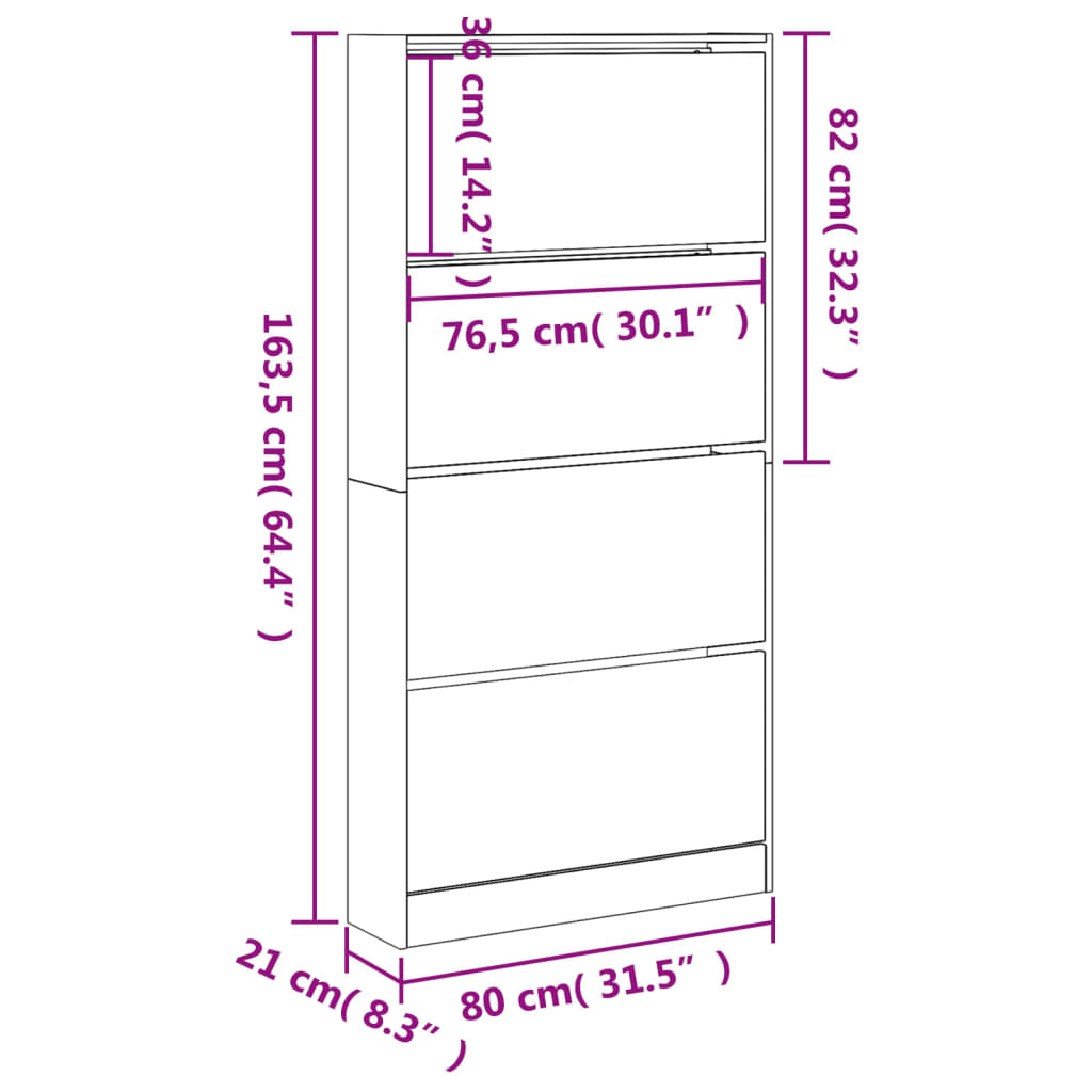 Shoe Cabinet with 4 Flip-Drawers Grey Sonoma 80x21x163.5 cm