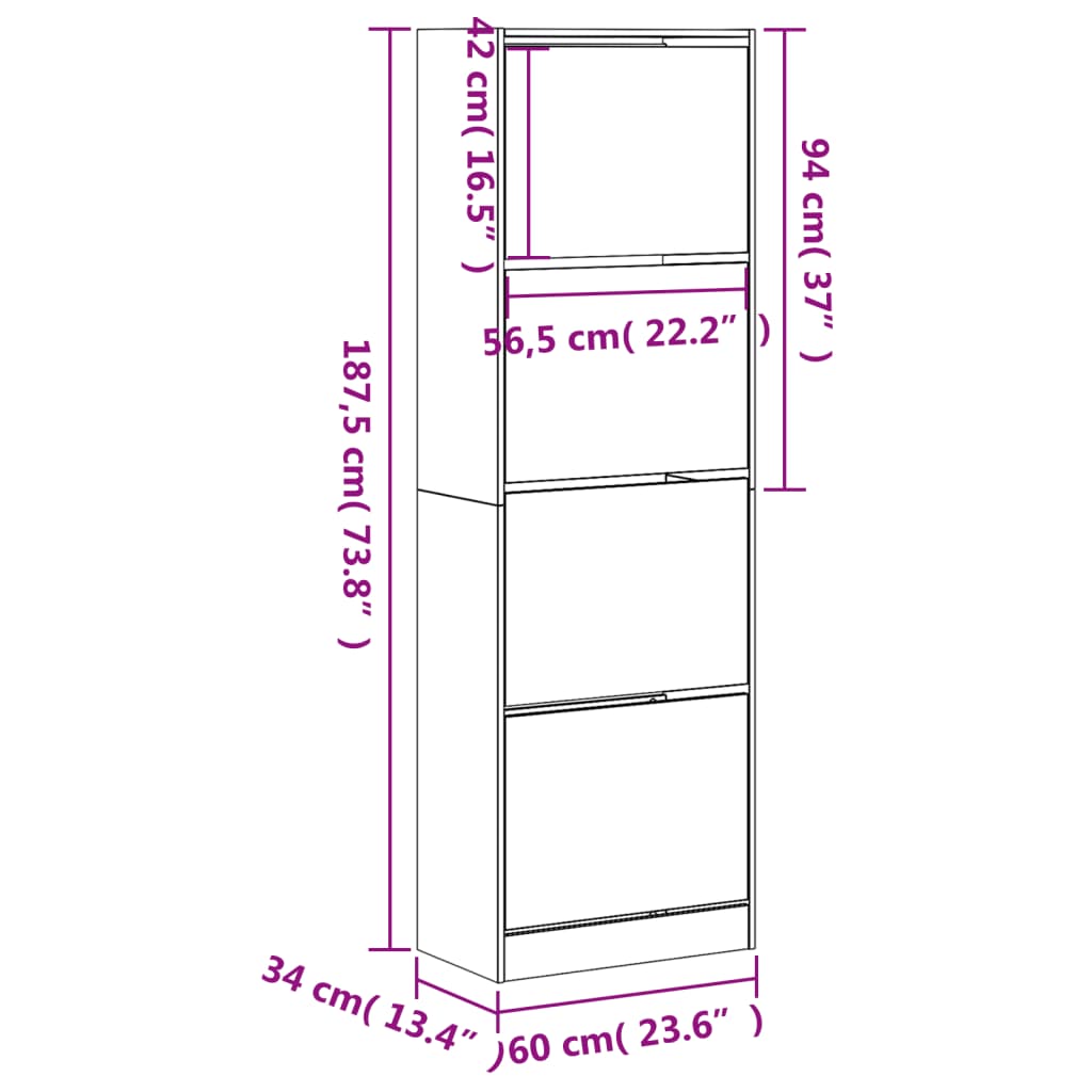 Shoe Cabinet with 4 Flip-Drawers White 60x34x187.5 cm