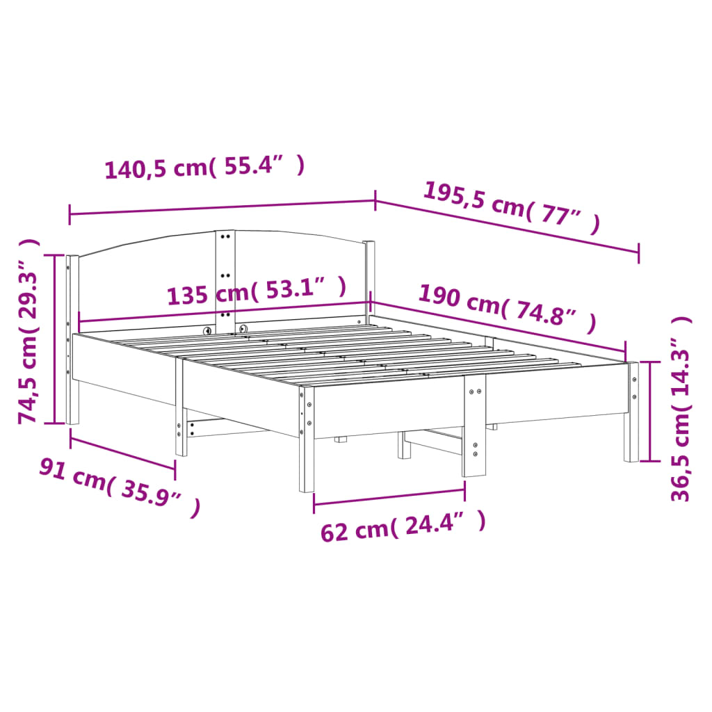 Bed Frame without Mattress 135x190 cm Double Solid Wood Pine