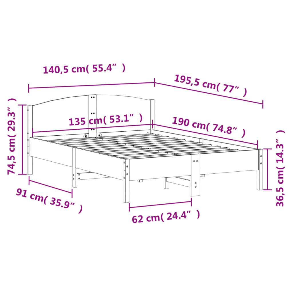 Bed Frame without Mattress Wax Brown 135x190 cm Double Solid Wood Pine