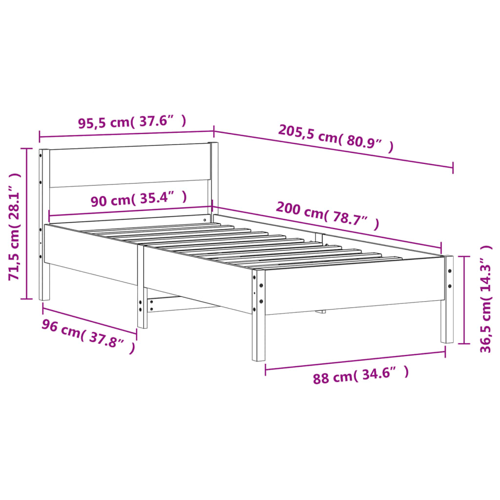 Bed Frame without Mattress Wax Brown 90x200 cm Solid Wood Pine