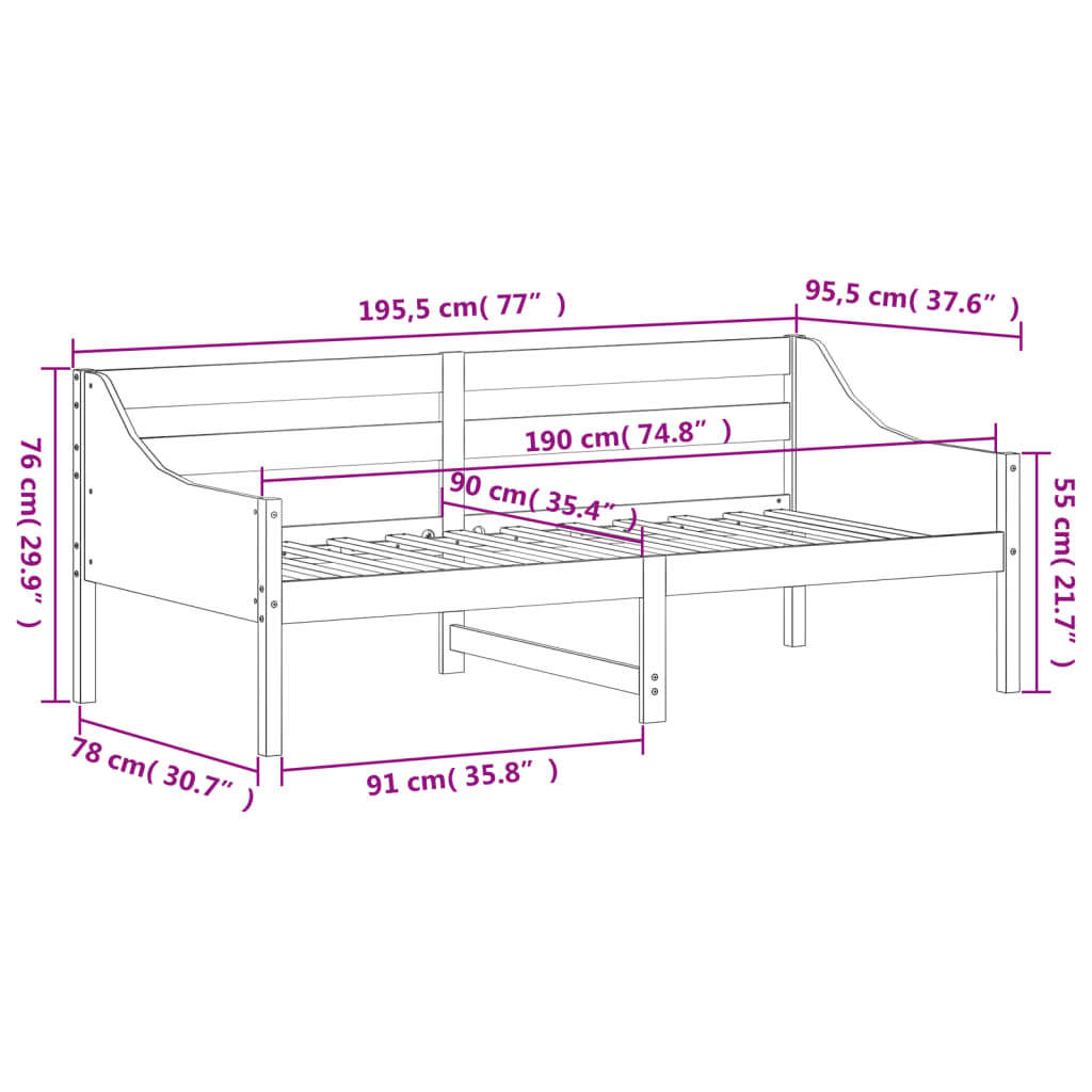 Day Bed without Mattress 90x190 cm Single Solid Wood Pine
