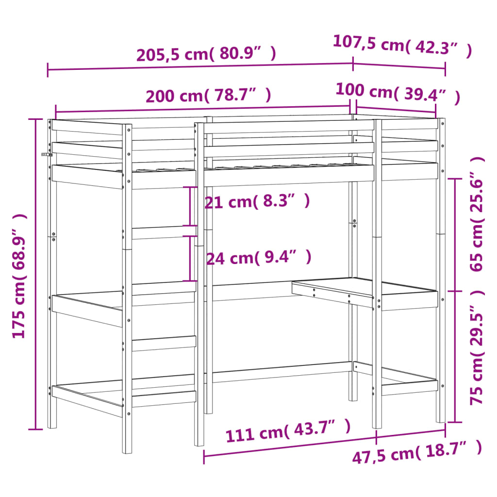 Loft Bed without Mattress White 100x200 cm Solid Wood Pine