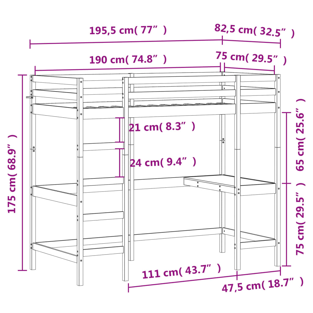 Loft Bed without Mattress White 75x190 cm Small Single Solid Wood Pine