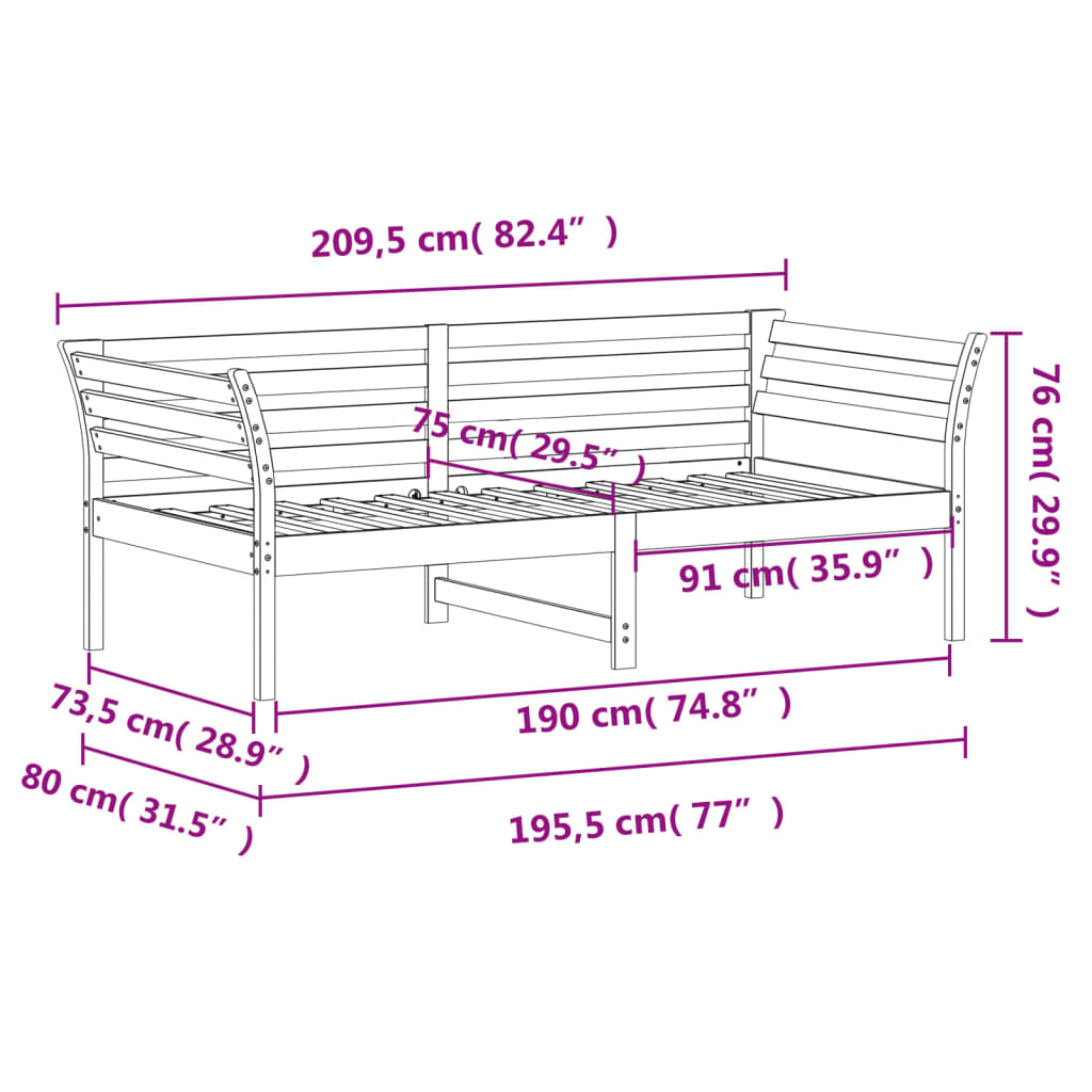 Day Bed without Mattress Wax Brown 75x190 cm Small Single Solid Wood Pine