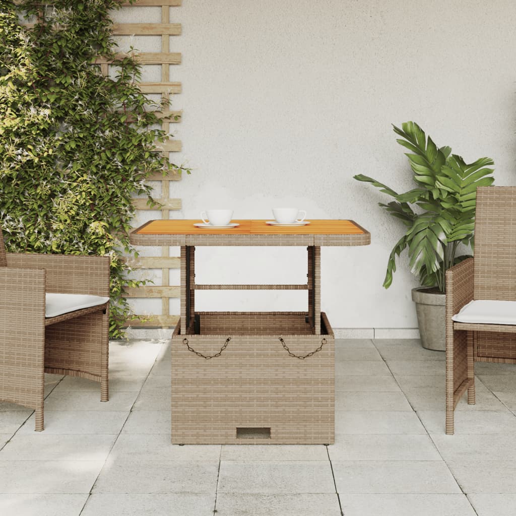 Outdoor Patio Square Poly Rattan Adjustable Garden Dining Table Acacia Wood Top