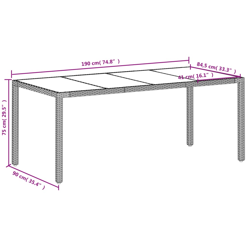 Outdoor Patio Poly Rattan 6 Person Garden Dining Table With Glass Top