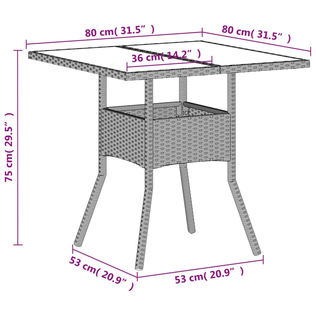 Outdoor Patio Poly Rattan Square 4 Person Garden Dining Table With Glass Top