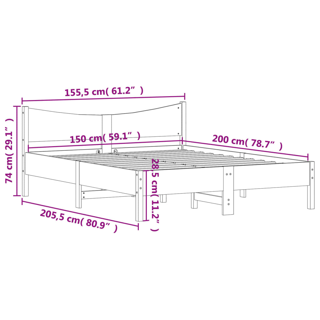 Modern Wooden King Size 150cm Bed Frame With With Headboard Solid Pine Wood
