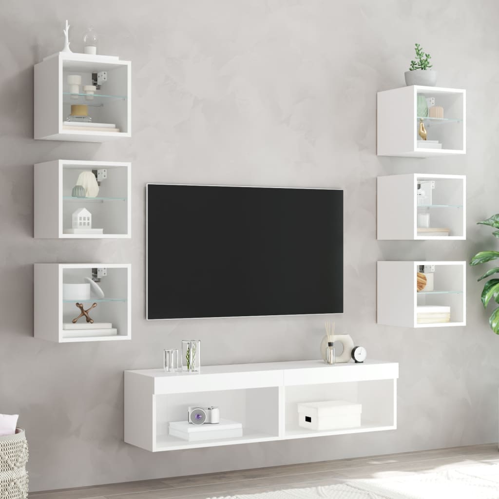 8 Piece TV Wall Units with LED White Engineered Wood